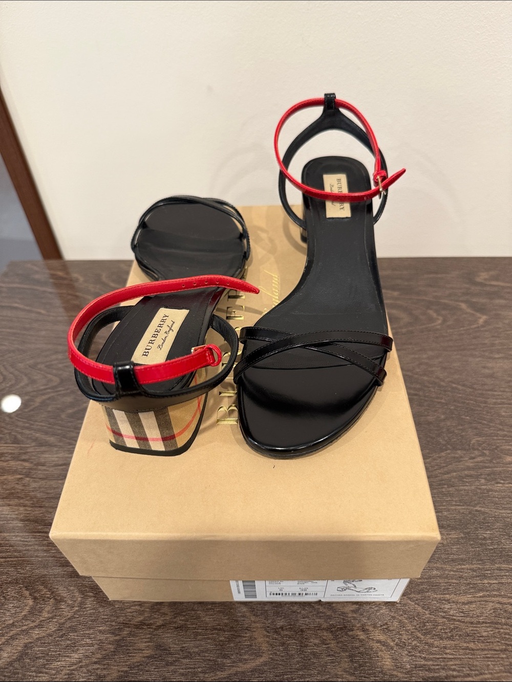 Burberry Black & Red Low Heel Sandals